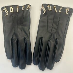 Juicy Couture Black Gloves Gold Rhinestone Dangle Bling Charm Faux Leather Y2K